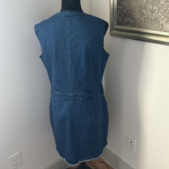 Jeans sleeveless buttoned front denim frayed hem mini dress Sz L - Picture 5 of 6